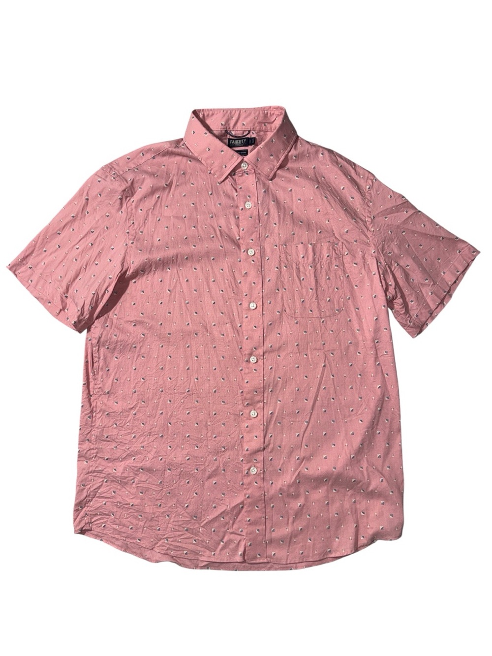 Faherty mens L Large pink floral movement performance short sleeve shirt EUC